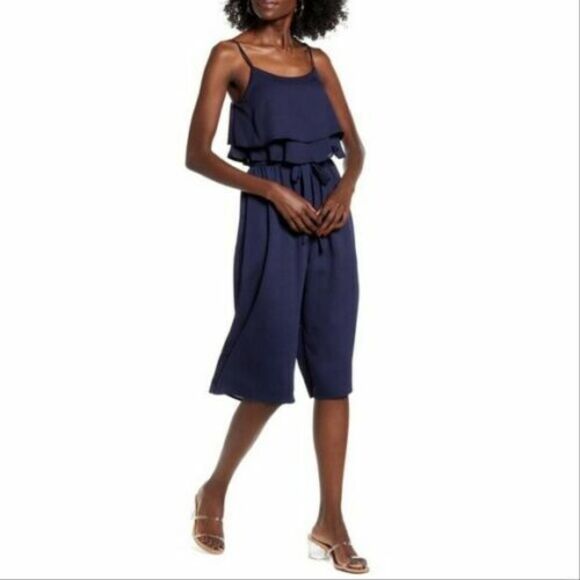 ONE CLOTHING Crop Midi Ruffle Jumpsuit Size M Sleeveless Navy Blue NEW  B51 - Picture 1 of 6